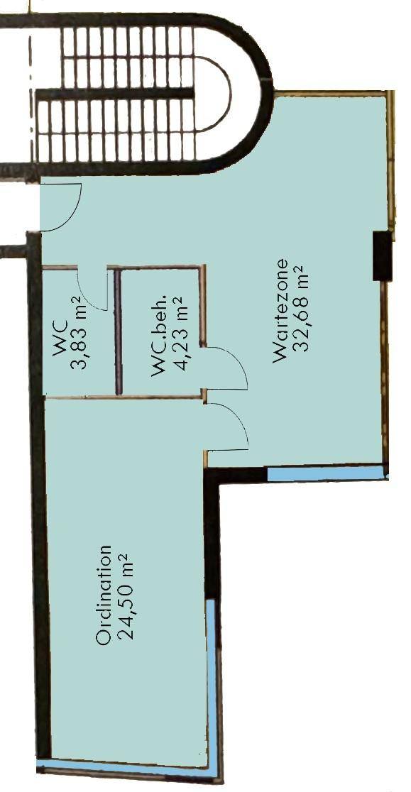 Grundriss einer Ordination mit Wartezone, zwei Toiletten und Treppenhauszugang.