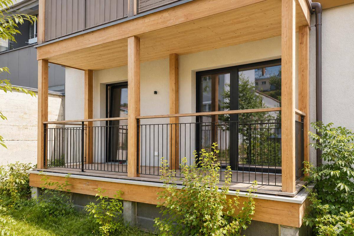 Holzverkleideter Balkon mit schwarzem Metallgeländer und Blick auf die grüne Umgebung.