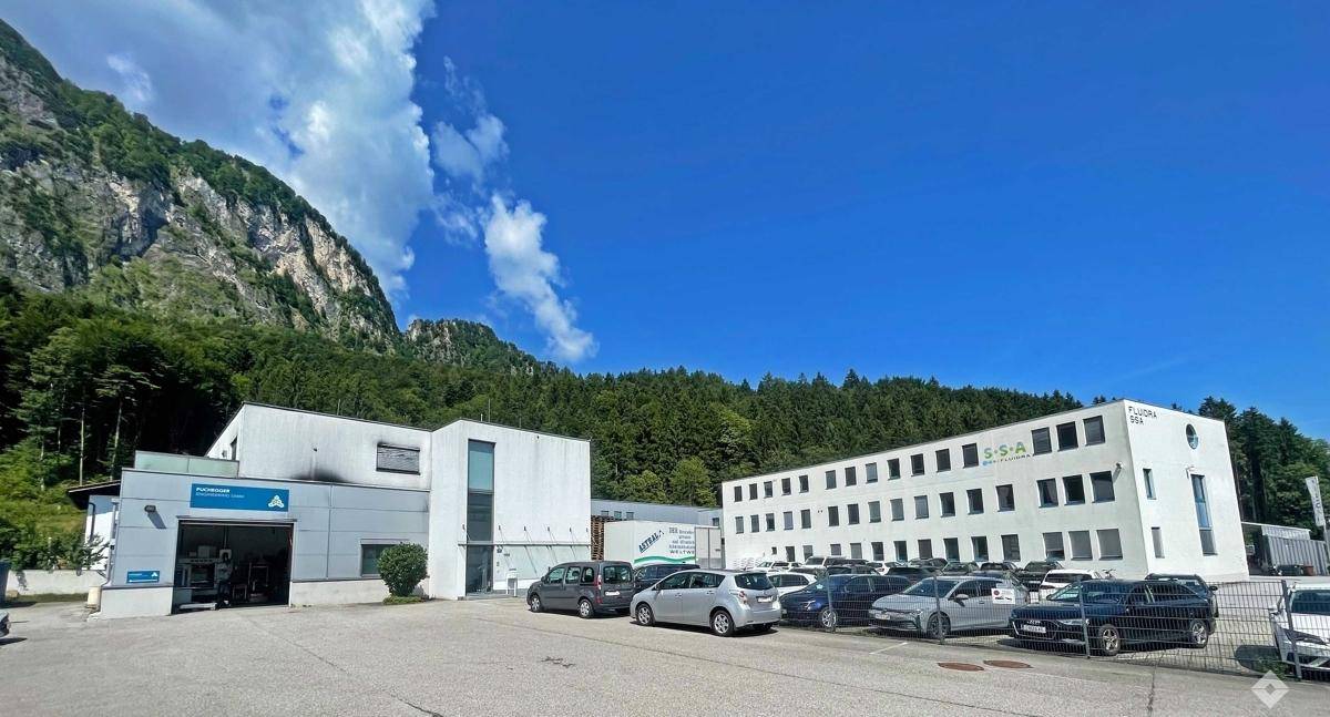 Zwei Geschäftsgebäude mit Parkplatz und Bergkulisse unter strahlend blauem Himmel.