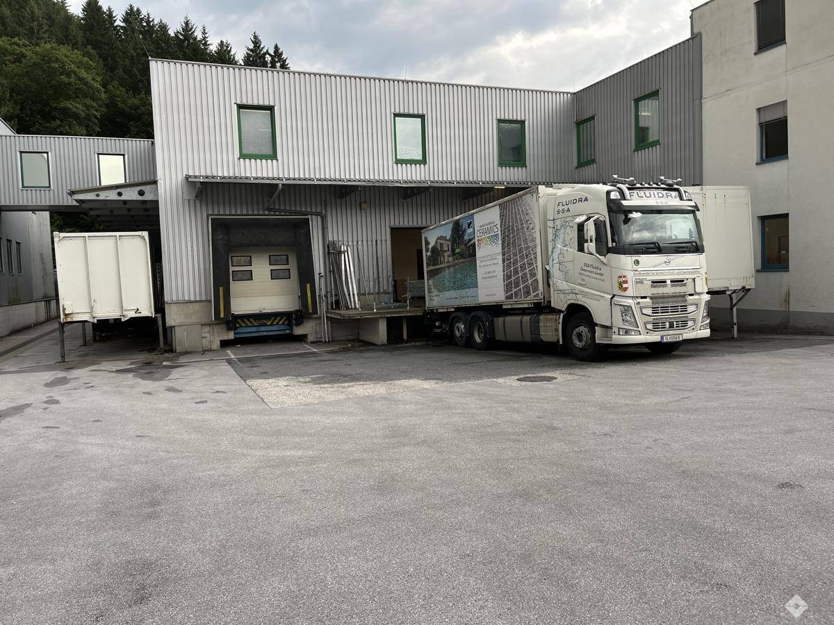 Ladezone eines Industriegebäudes mit mehreren Laderampen und einem parkenden LKW.