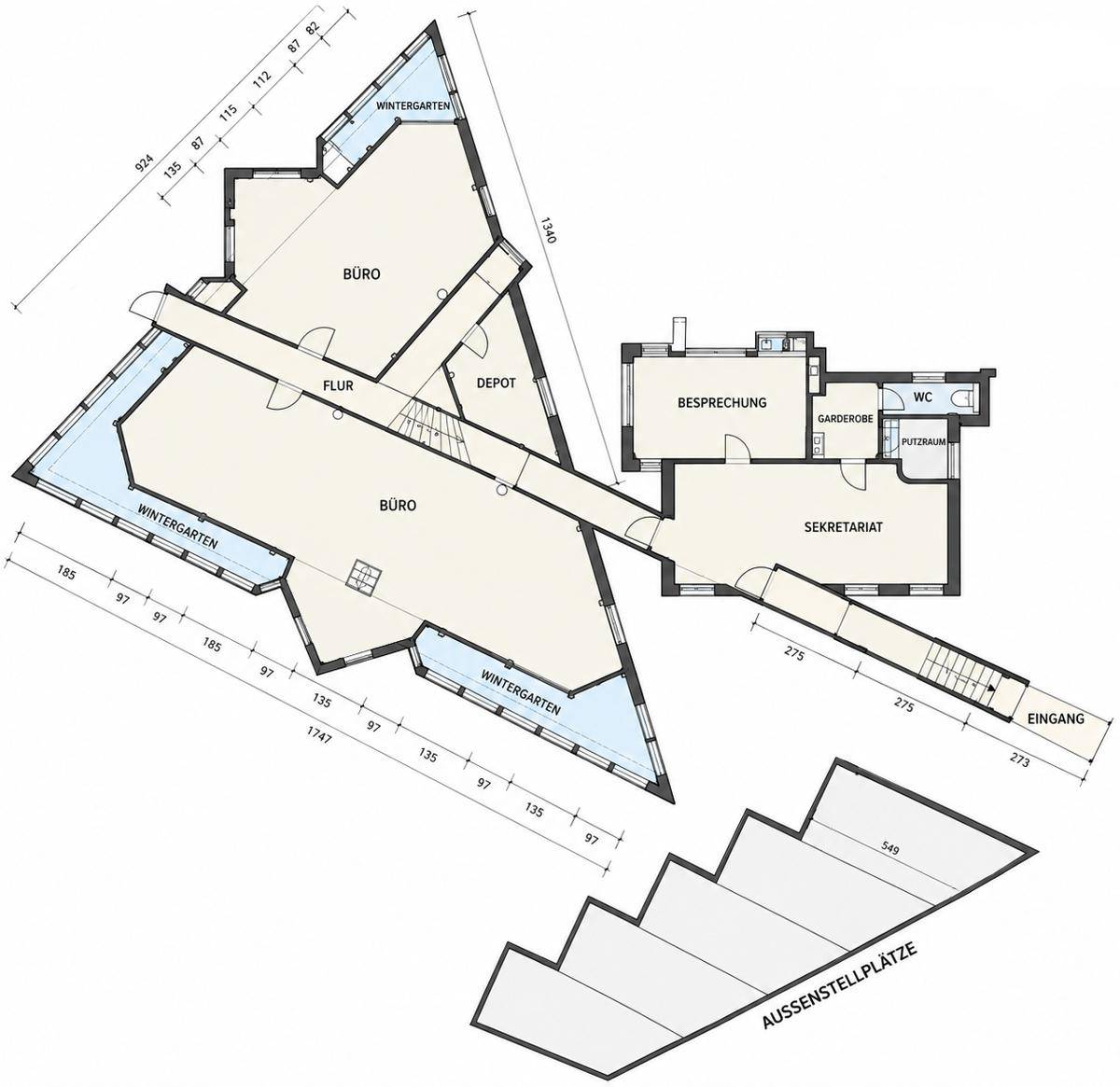Detaillierter Grundriss mit Büros, Wintergärten, Besprechungsraum und Außenstellplätzen.
