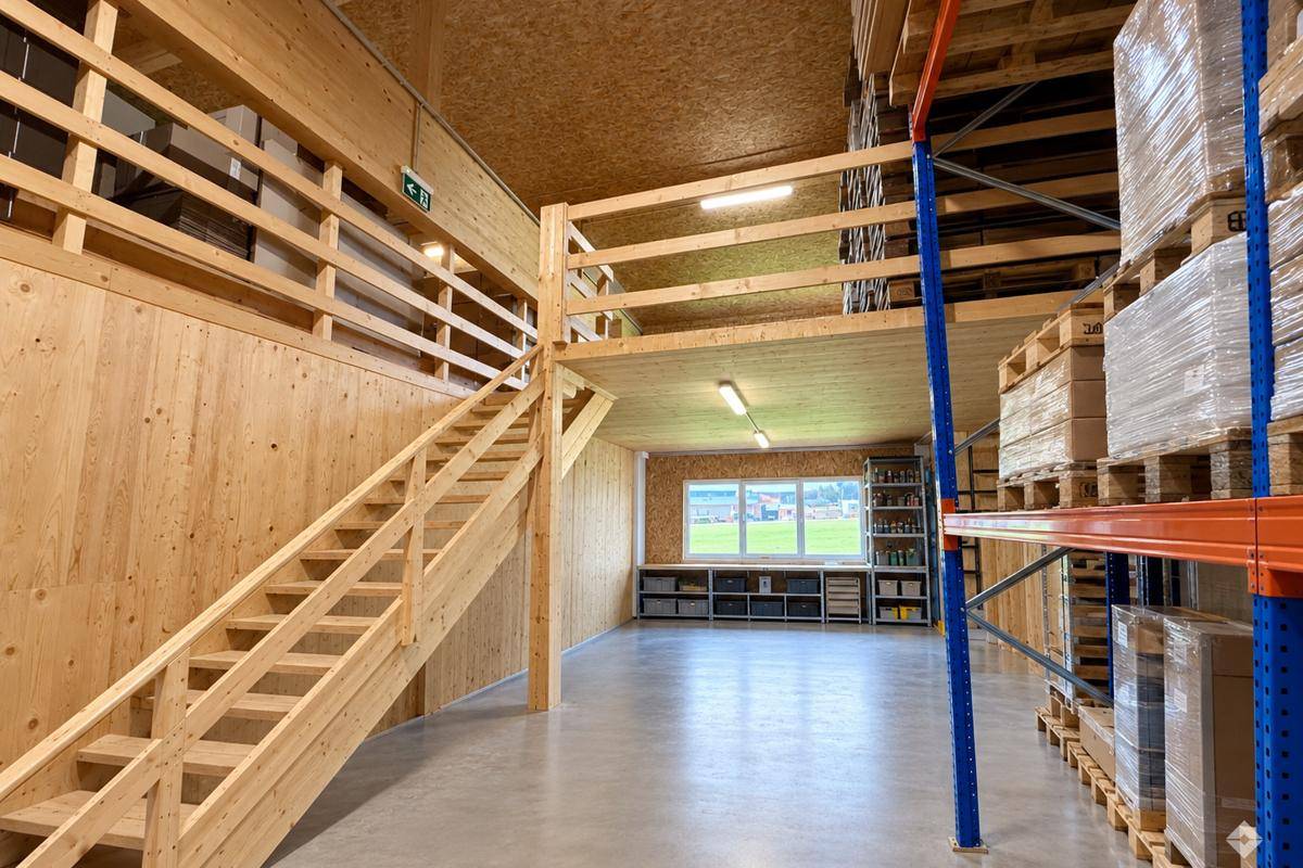 Geräumiger Lagerbereich mit hohen Regalen, Holzverkleidung und einer Holztreppe zur Empore.