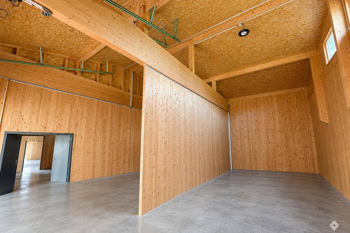 Großer, offener Raum mit hohen Decken, Holzverkleidung und Betonboden, ideal für Lagerung oder Produktion.