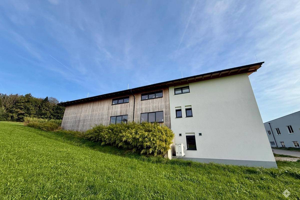 Seitenansicht des Gebäudes mit weißer Fassade, Holzverkleidung und grüner Hanglage.