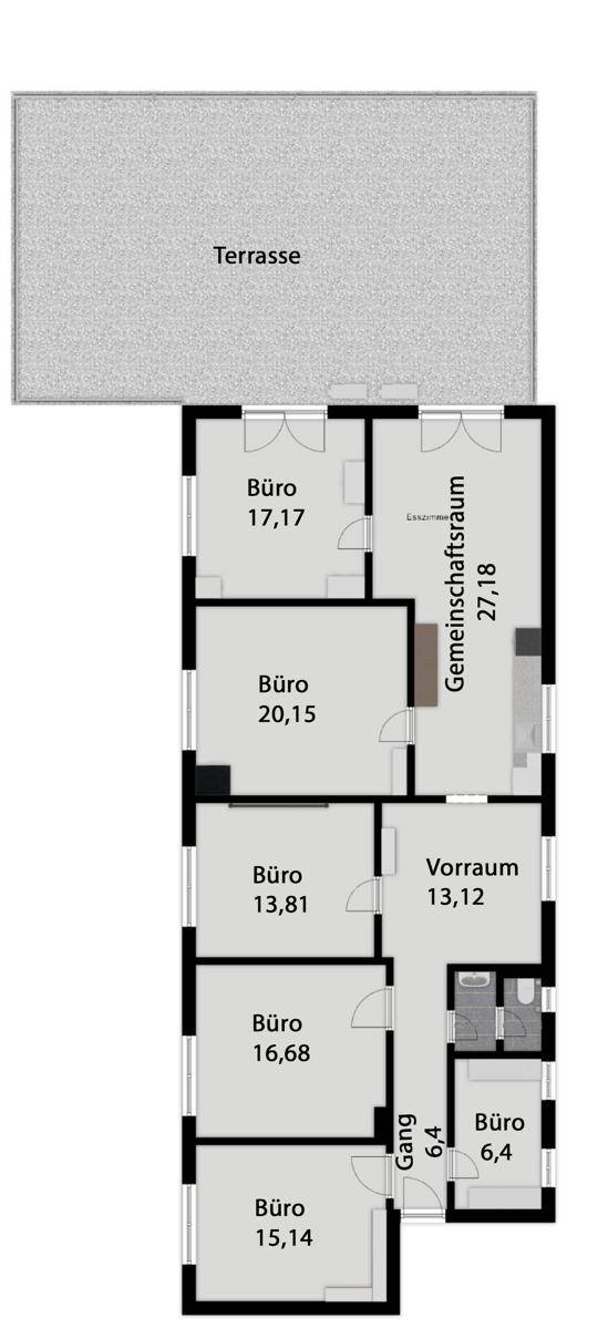 Moderne Fassade eines Geschäftsgebäudes mit dunkelgrauem Putz und weißen Fenstern unter blauem Himmel.