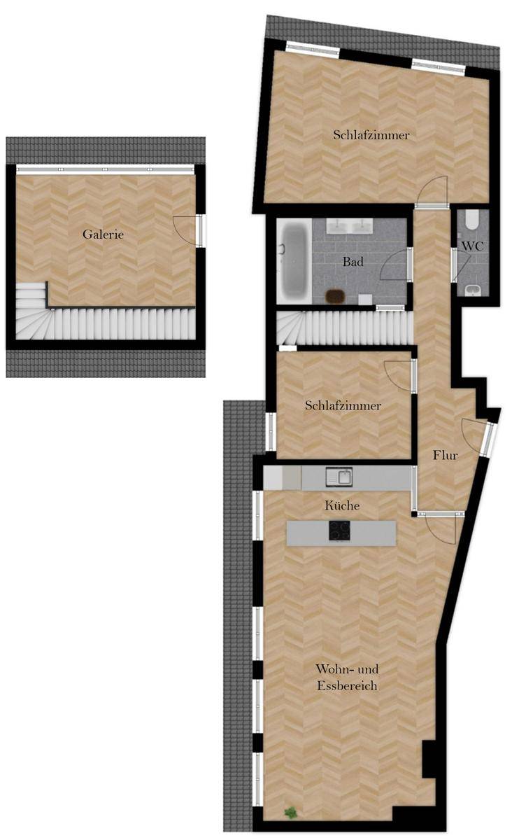 Detaillierter Grundriss der Wohnung mit Wohn- und Essbereich, Küche, Schlafzimmern und Galerie.