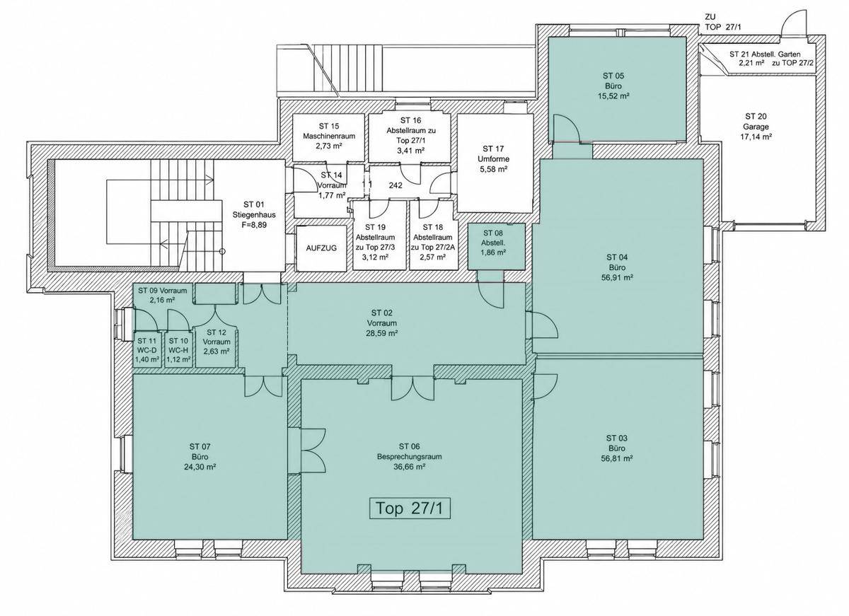 Detaillierter Grundrissplan mit verschiedenen Büroräumen, Vorräumen, Treppenhaus und Garage.