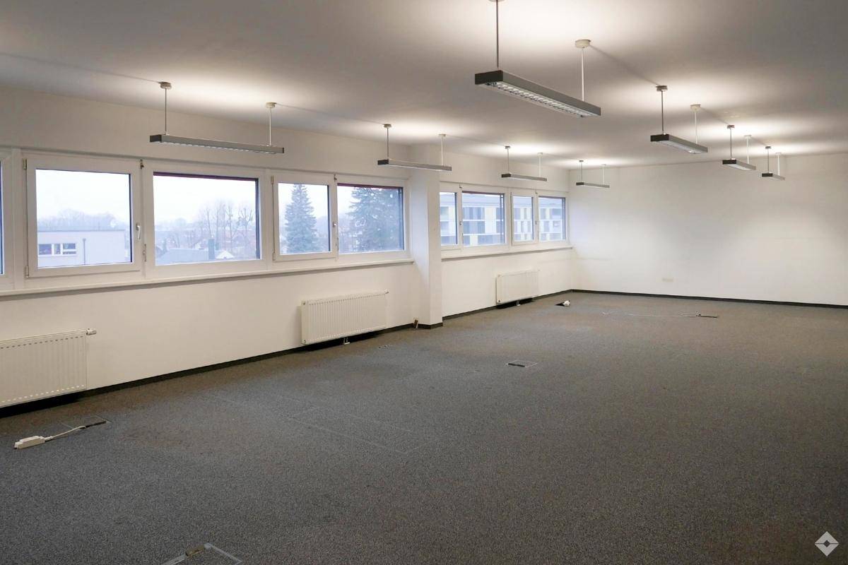 Geräumiges, leeres Büro mit Teppichboden, vielen Fenstern und Deckenleuchten, bereit zur individuellen Gestaltung.