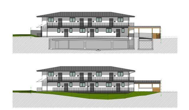 Architektonische Zeichnung eines modernen Mehrfamilienhauses mit Balkonen und integrierter Tiefgarage.