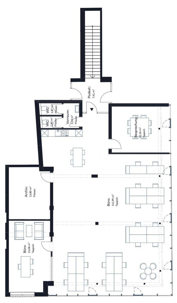 Grundrissplan eines Bürogebäudes mit mehreren Büroräumen, einem Besprechungszimmer, Archiv und Toiletten.