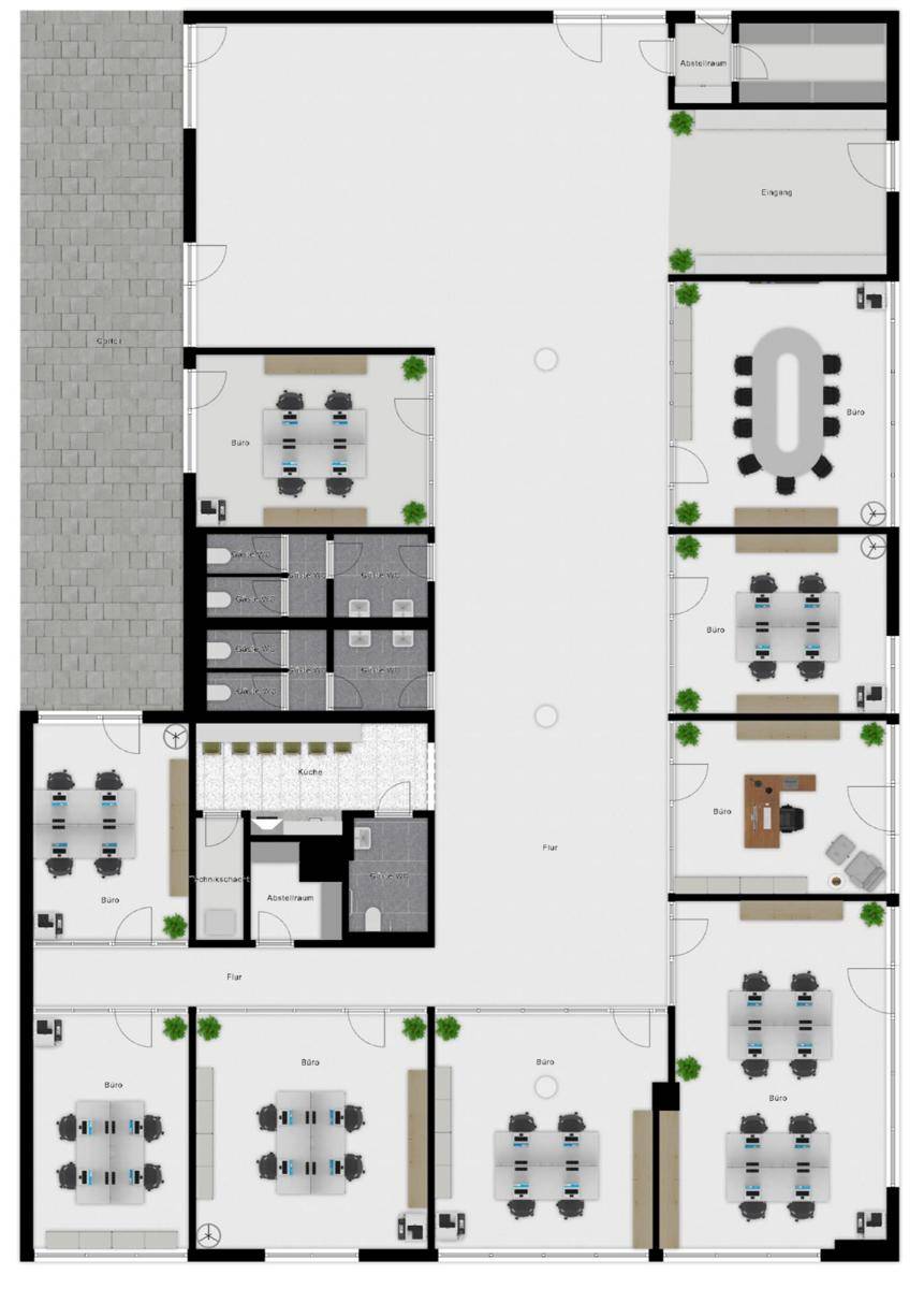 Detaillierter Grundriss eines Bürokomplexes mit mehreren Büros, Empfangsbereich und Sanitäranlagen.