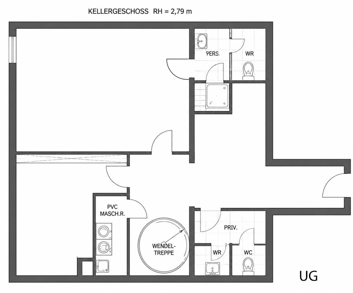 Fassade eines Gebäudes mit einem Balkon, der mit Pflanzen und einem Sonnenschirm ausgestattet ist.