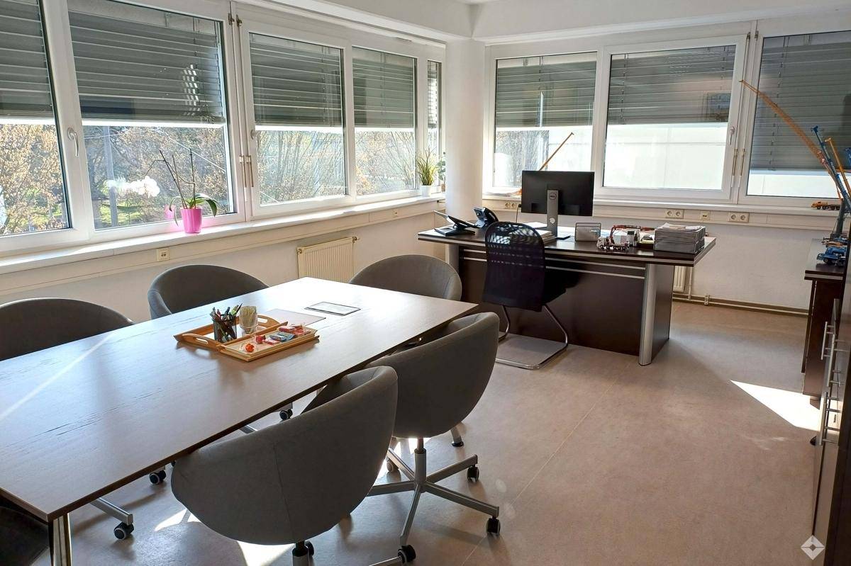 Funktionaler Büroraum mit Schreibtisch, Besprechungstisch und viel Tageslicht durch große Fenster.