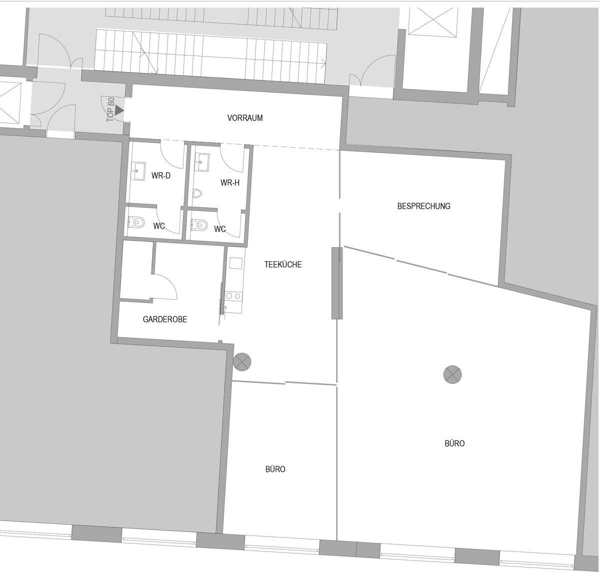 Grundrissplan zeigt Büroräume, Besprechungszimmer, Teeküche und Toiletten.