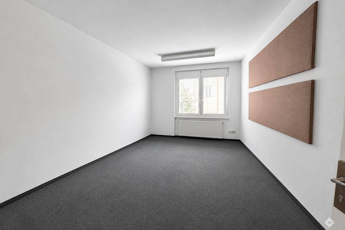 Modernes Büro mit Teppichboden, schallabsorbierenden Paneelen und einem Fenster.