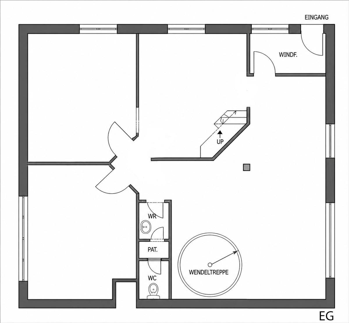Grundriss des Kellergeschosses mit Waschraum, privatem Bereich und Wendeltreppe.