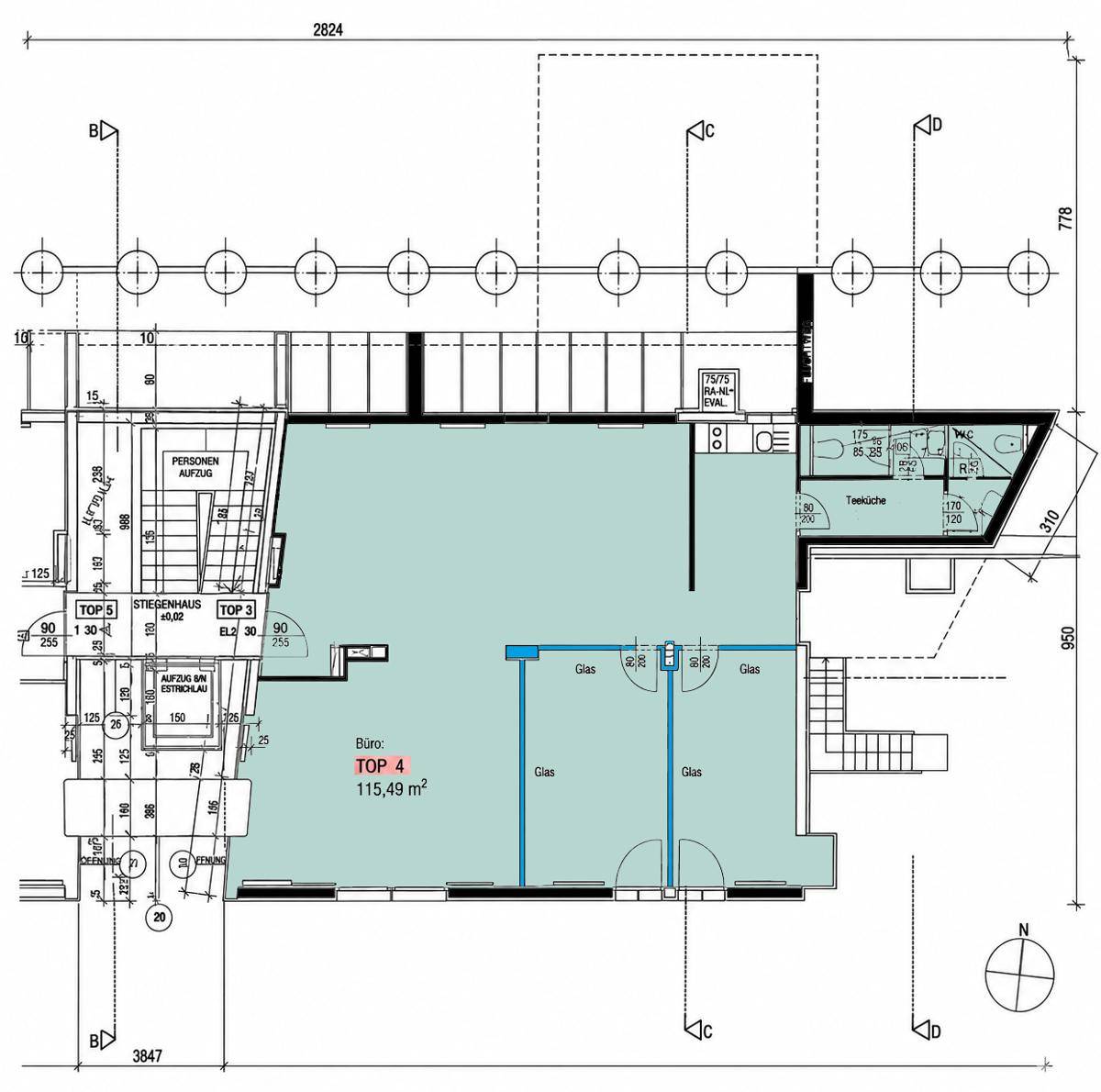 Grundrissplan eines Büros mit 115,49 m², inklusive Teeküche, Toiletten und Aufzugszugang.