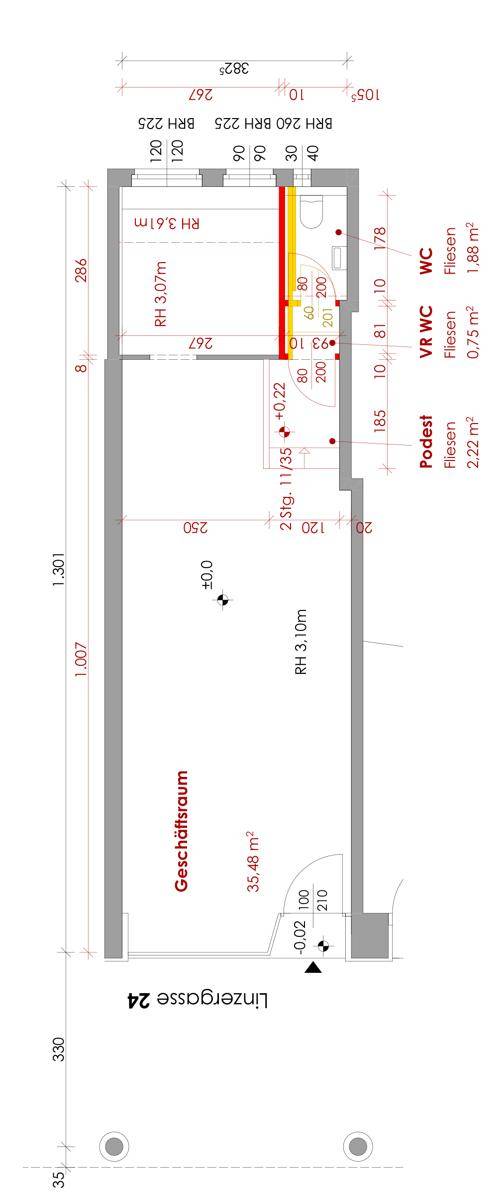 Grundrissplan eines Geschäftsraums mit 35,48 m² und separatem WC-Bereich.