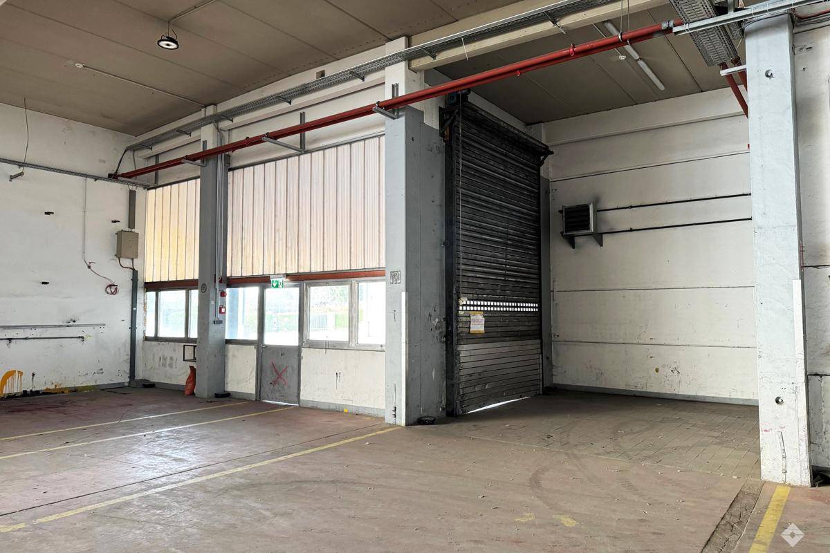 Innenansicht einer Lagerhalle mit großem Rolltor, Fenstern und sichtbaren roten Rohrleitungen an der Decke.