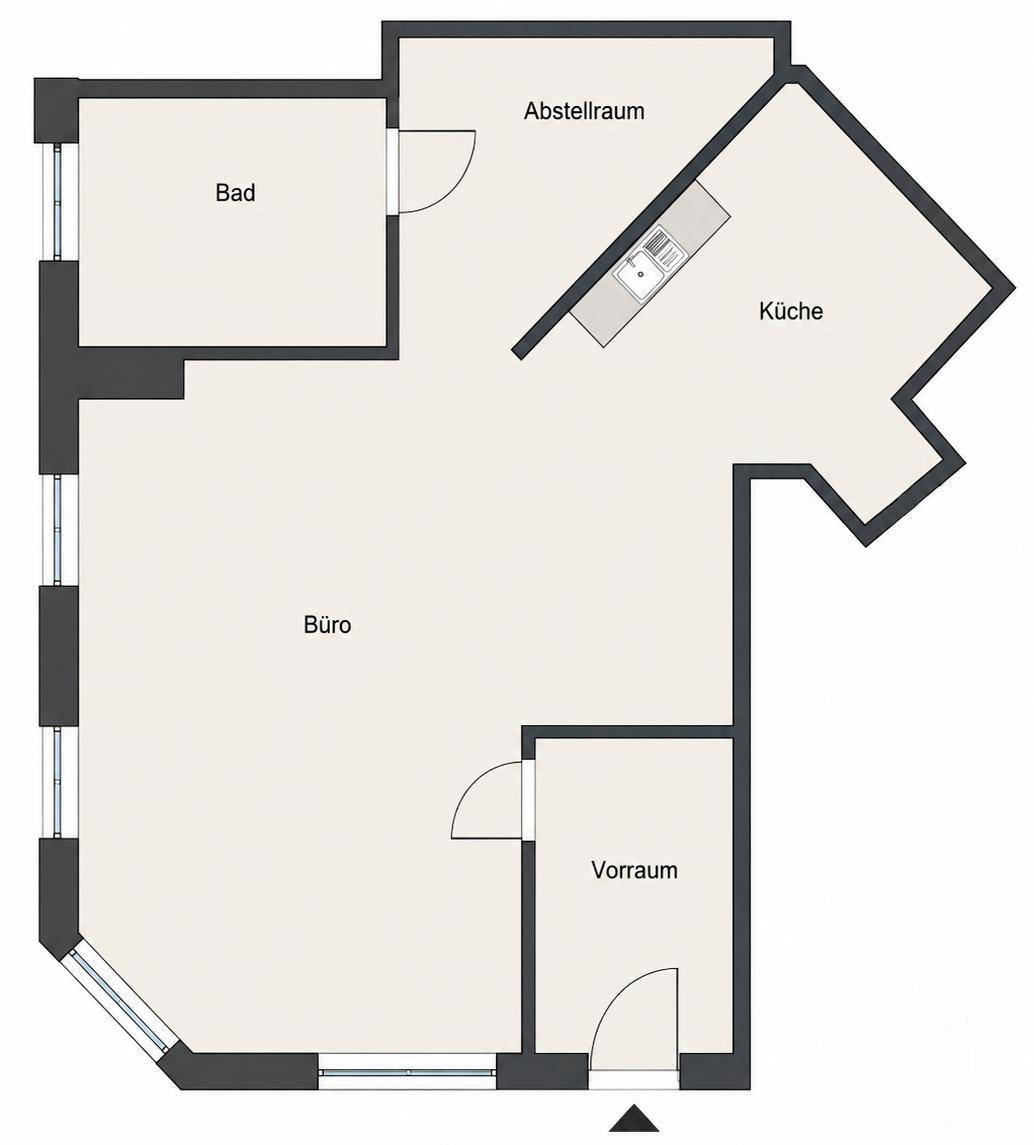Grundrissplan mit Bad, Küche, Büro, Abstellraum und Vorraum.
