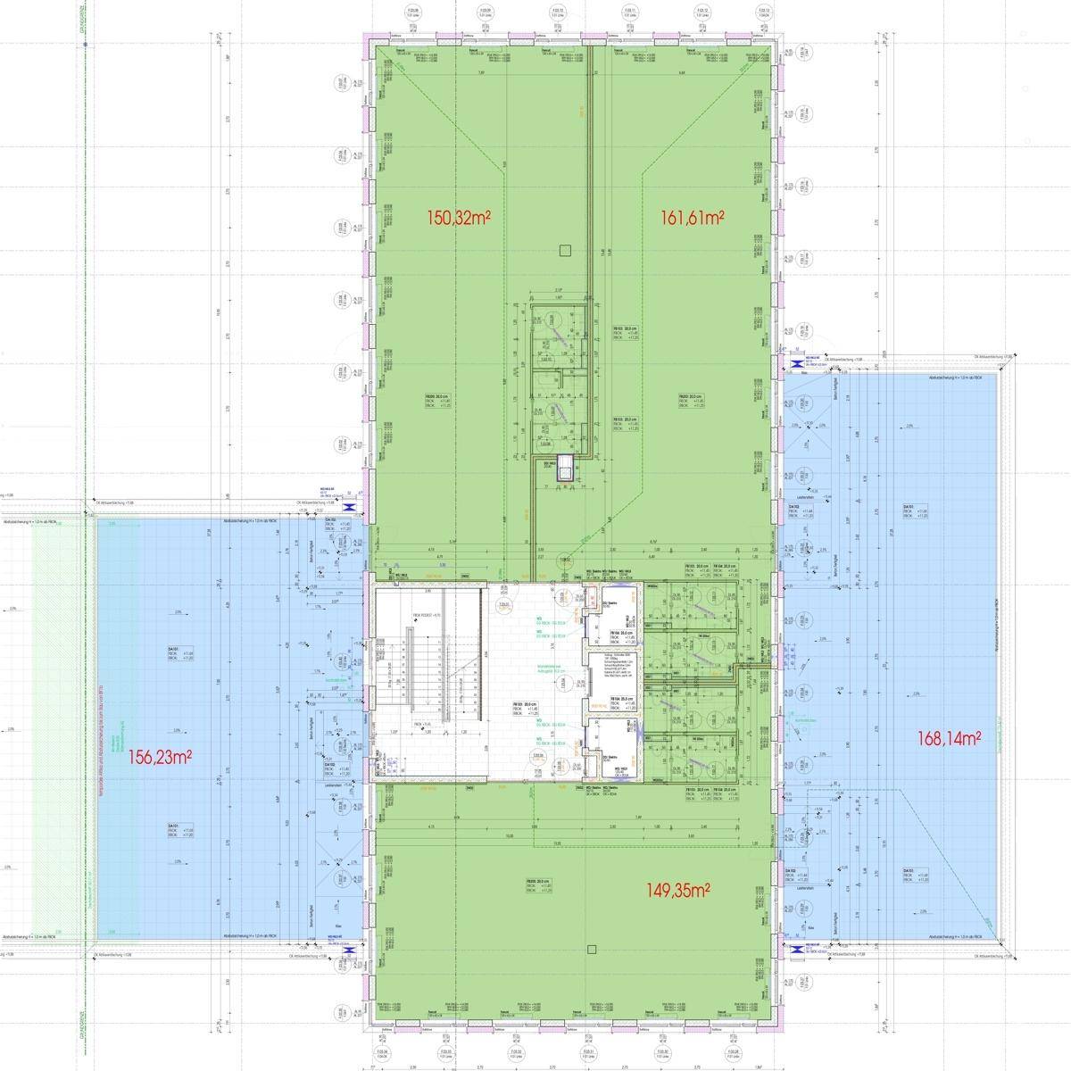 Detaillierter Grundriss mit verschiedenen Büroflächen und deren Quadratmeterangaben in Grün und Blau.