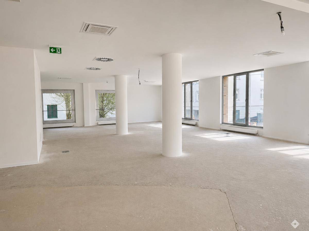 Weitläufige Bürofläche mit vielen Fenstern, weißen Säulen und einem hellen Betonboden.