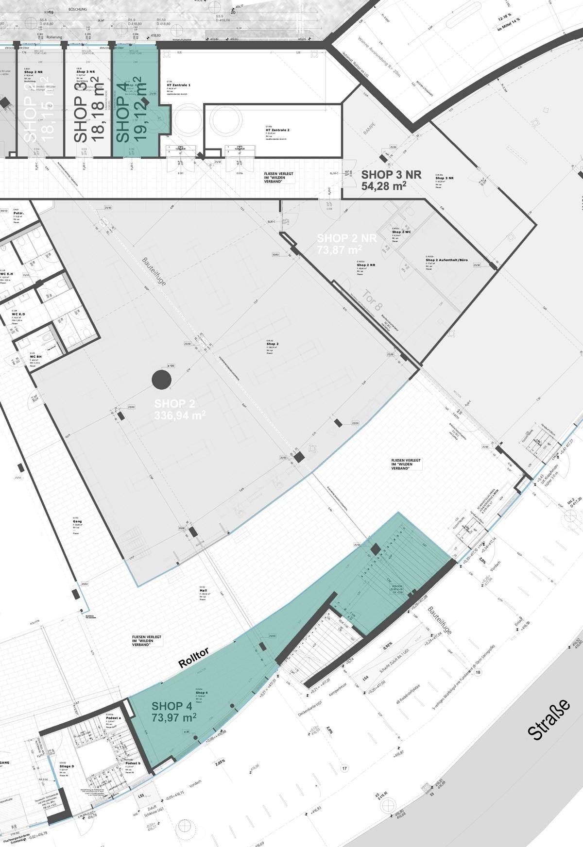 Übersichtlicher Grundriss mit mehreren Ladenflächen und hervorgehobenen Bereichen für Gewerbeeinheiten.