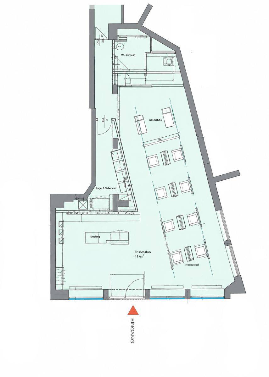 Grundriss des Friseursalons mit Empfang, Bedienplätzen, Lager und WC-Bereich.