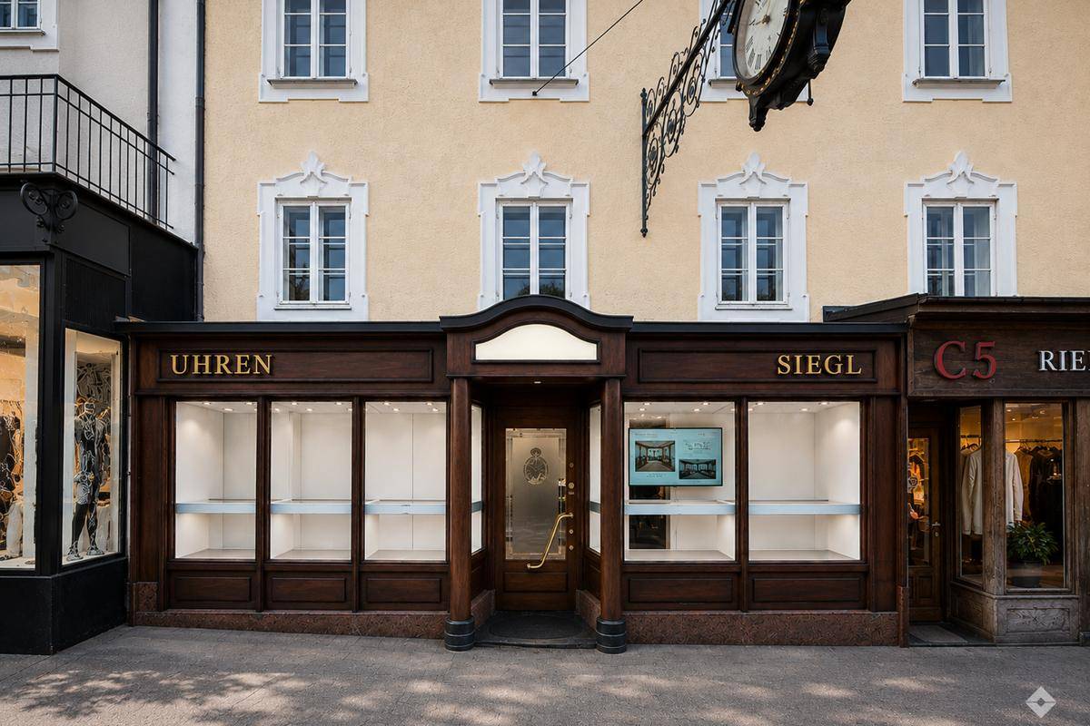 Ladenfassade eines Geschäfts mit leeren Schaufenstern und einer historischen Uhr an der Wand.
