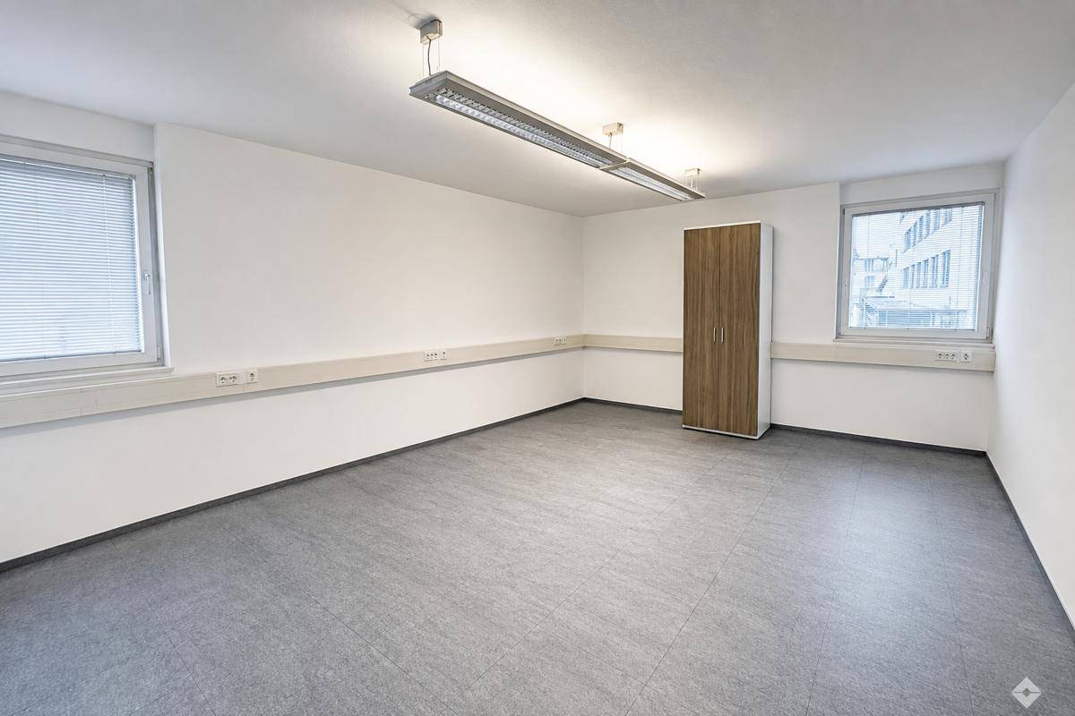 Leeres, helles Büro mit grauem Vinylboden, einem Holzschrank und großen Fenstern.