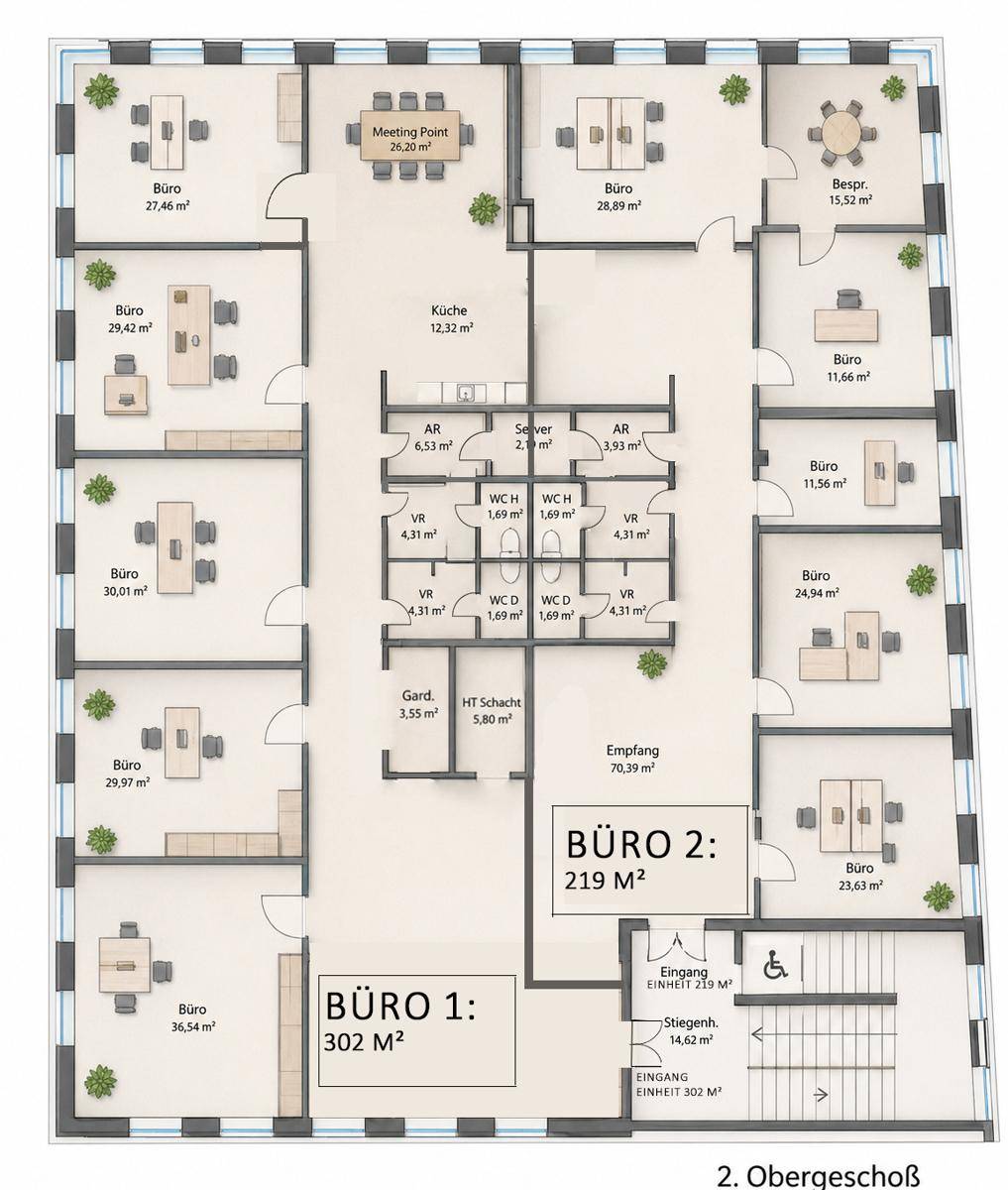 Detaillierter Grundriss des zweiten Obergeschosses mit Büros, Besprechungsräumen und Gemeinschaftsbereichen.