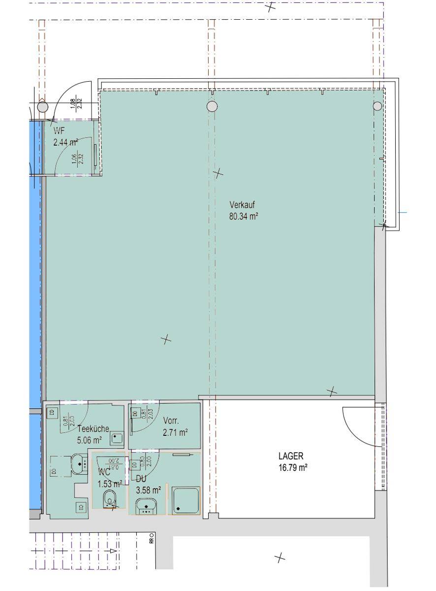 Grundrissplan eines Gewerberaums mit Verkaufsfläche, Teeküche, WC und Lagerbereich.