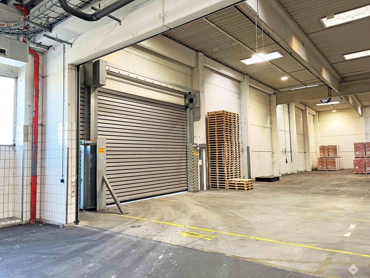 Innenansicht einer Lagerhalle mit großem Rolltor für LKW-Zugang und robustem Betonboden.