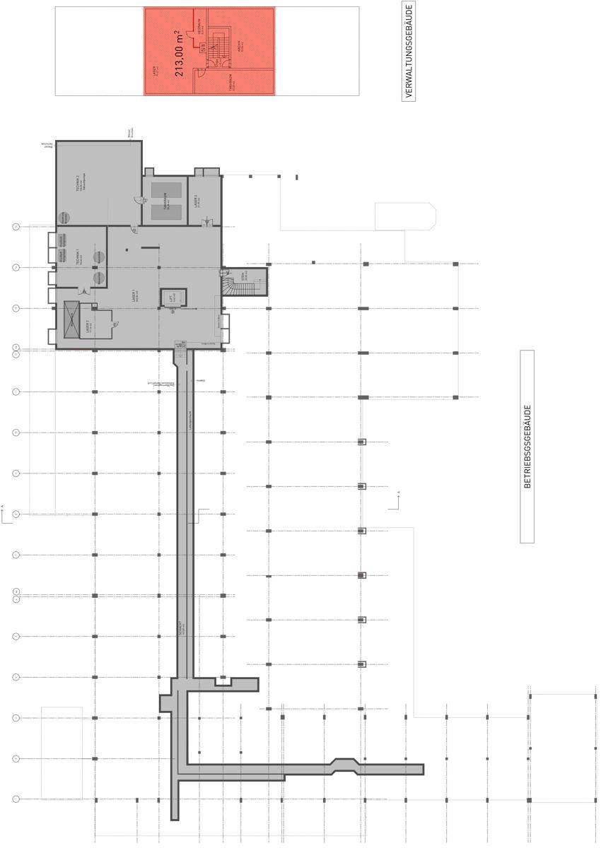Grundriss des Verwaltungsgebäudes mit hervorgehobener Fläche von 213 m².