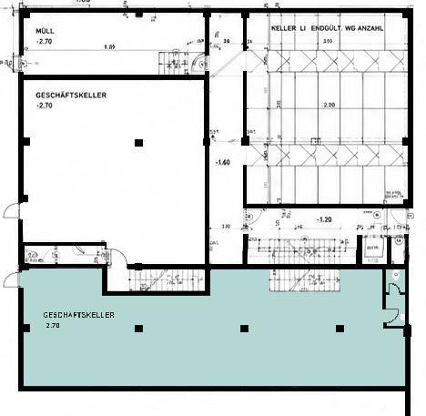 Grundriss des Geschäftskellers mit verschiedenen Bereichen, Treppen und einem Müllraum.