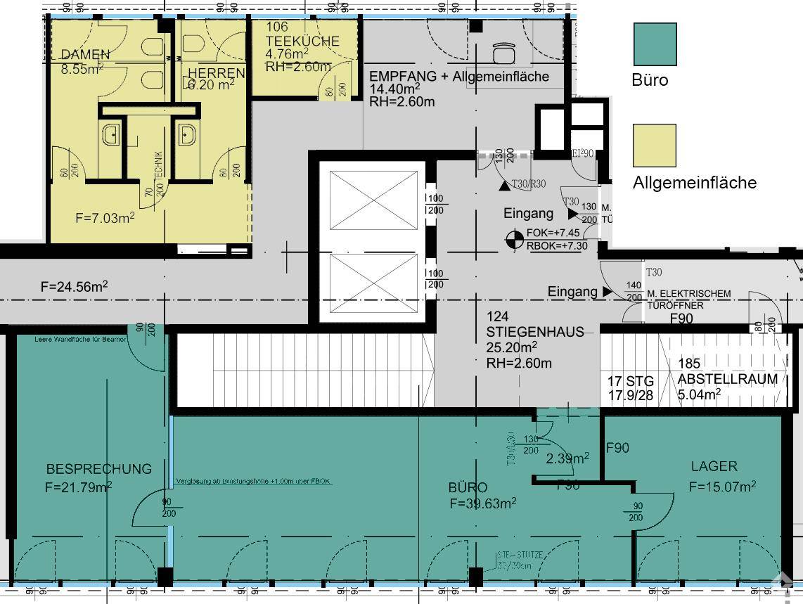 Detaillierter Grundriss eines Bürogebäudes mit Empfangsbereich, Teeküche, Besprechungsraum und Toiletten.