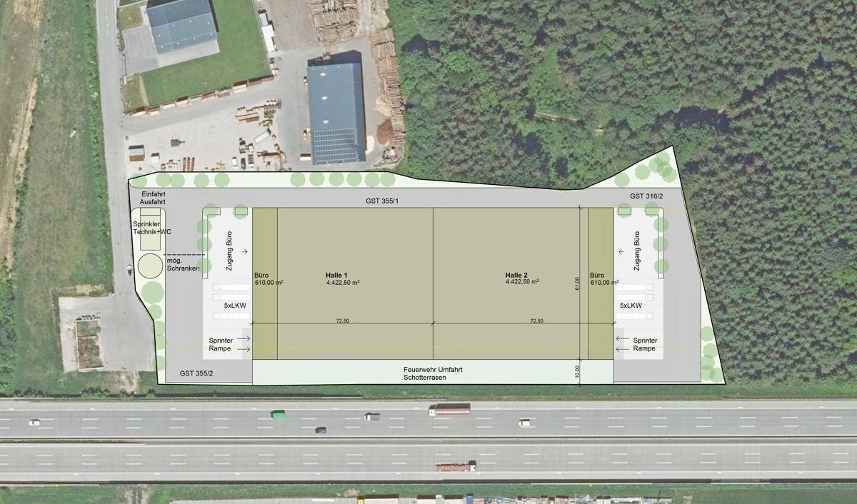 Übersichtsplan des Logistikzentrums mit zwei Hallen, Bürobereichen und Zufahrten, auf Satellitenbild dargestellt.