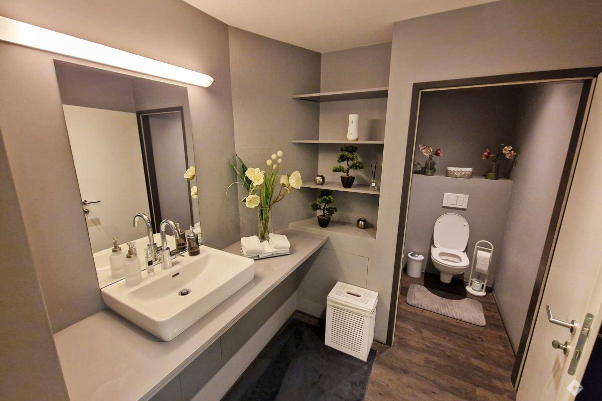 Modernes Badezimmer mit großem Waschbecken, Ablageflächen und separatem WC-Bereich.