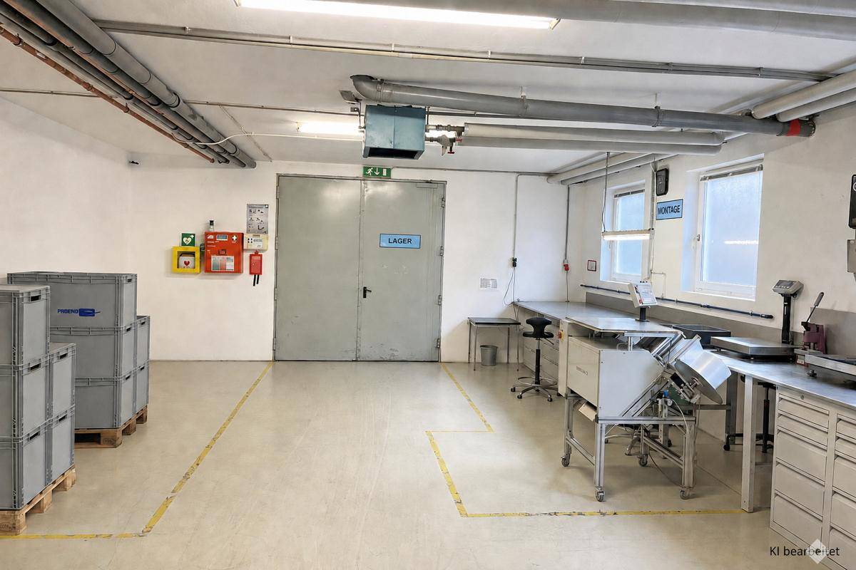 Großer Lager- oder Werkstattbereich mit Betonboden, Arbeitstischen und industrieller Beleuchtung.