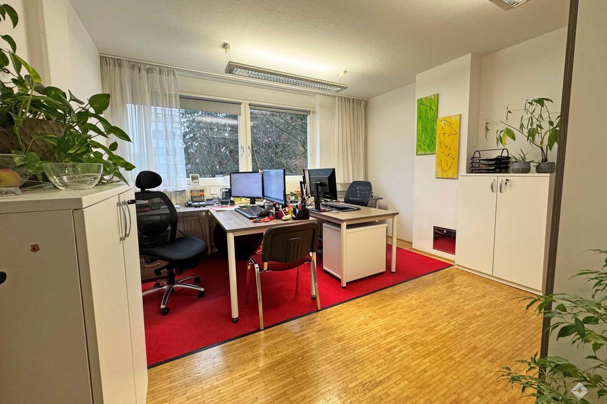Geräumiges Büro mit zwei Arbeitsplätzen, rotem Teppich und Blick ins Grüne.