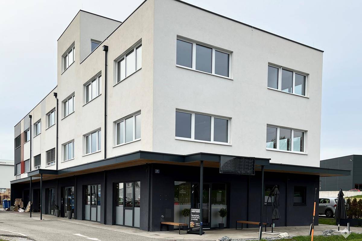 Ansicht des modernen Gebäudes mit klaren Linien und großen Fenstern, ideal für Gewerbe und Wohnen.