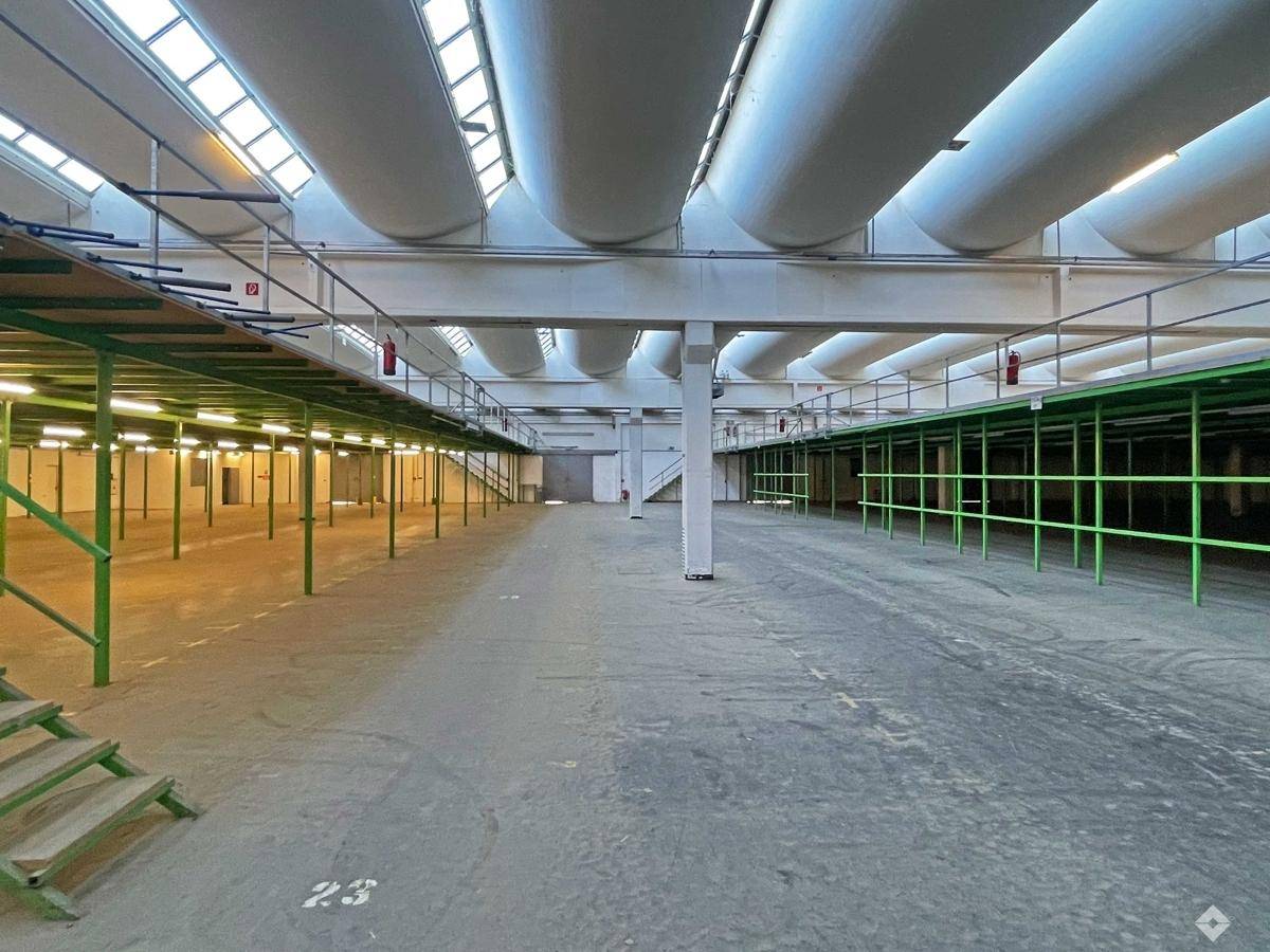 Weitläufige Lagerhalle mit hohen Decken, natürlichem Lichteinfall durch Oberlichter und robustem Betonboden.