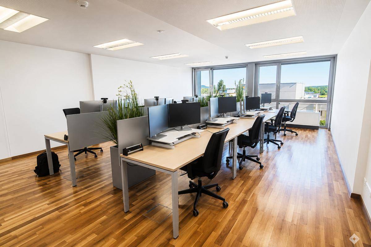 Modernes Großraumbüro mit ergonomischen Arbeitsplätzen, hellem Holzfußboden und weitreichendem Ausblick.