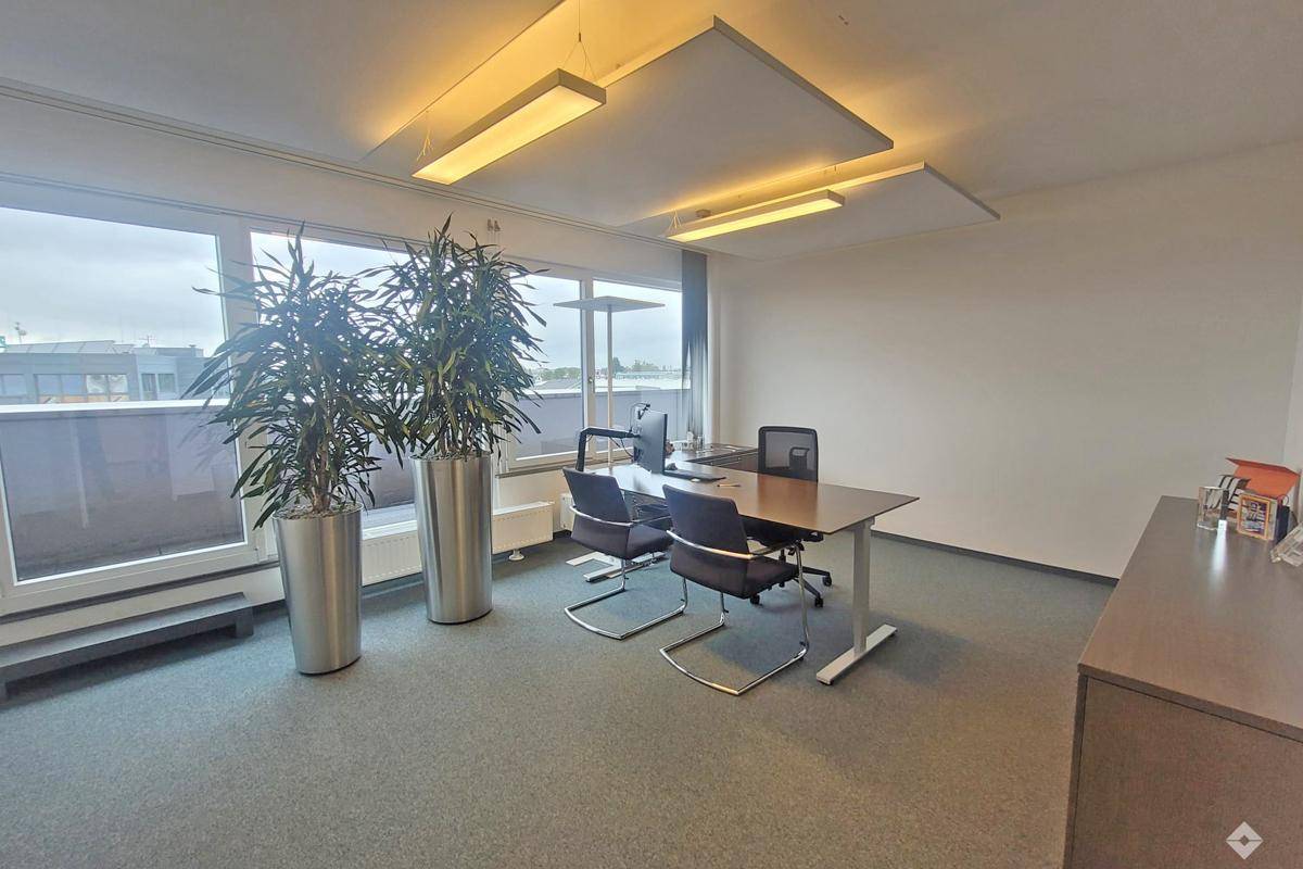 Helles Büro mit einem Arbeitsplatz, großen Fenstern und dekorativen Pflanzen für eine angenehme Atmosphäre.