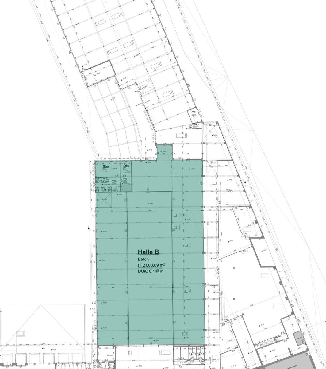 Detaillierter Grundriss der Halle B mit einer Fläche von 2.008,09 m² und eingezeichneten Abmessungen.