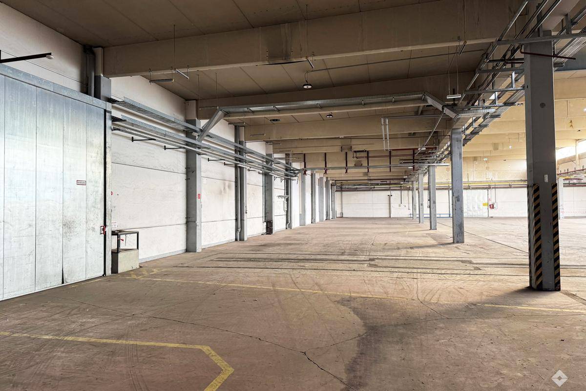 Innenansicht einer Industriehalle mit großer Schiebetür, Betonboden und sichtbaren Versorgungsleitungen an der Decke.
