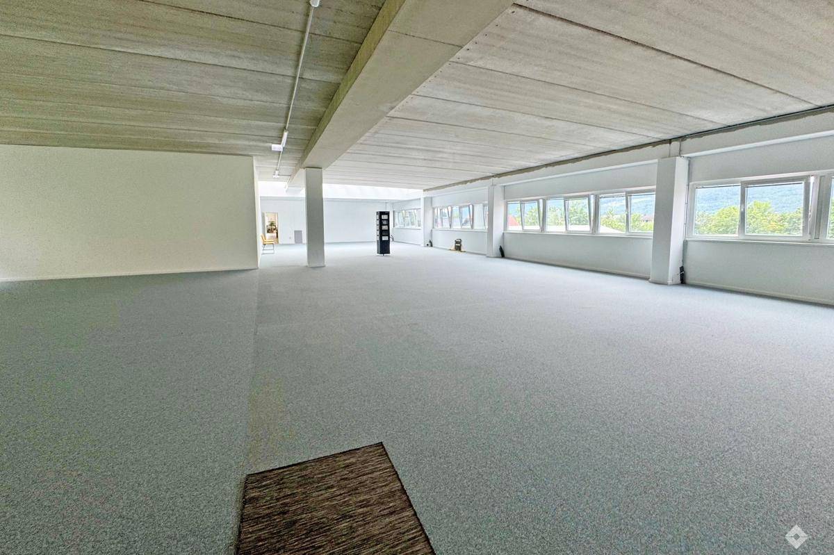 Geräumiger Gewerberaum mit Teppichboden, hohen Decken und einer Fensterfront, die viel Tageslicht hereinlässt.