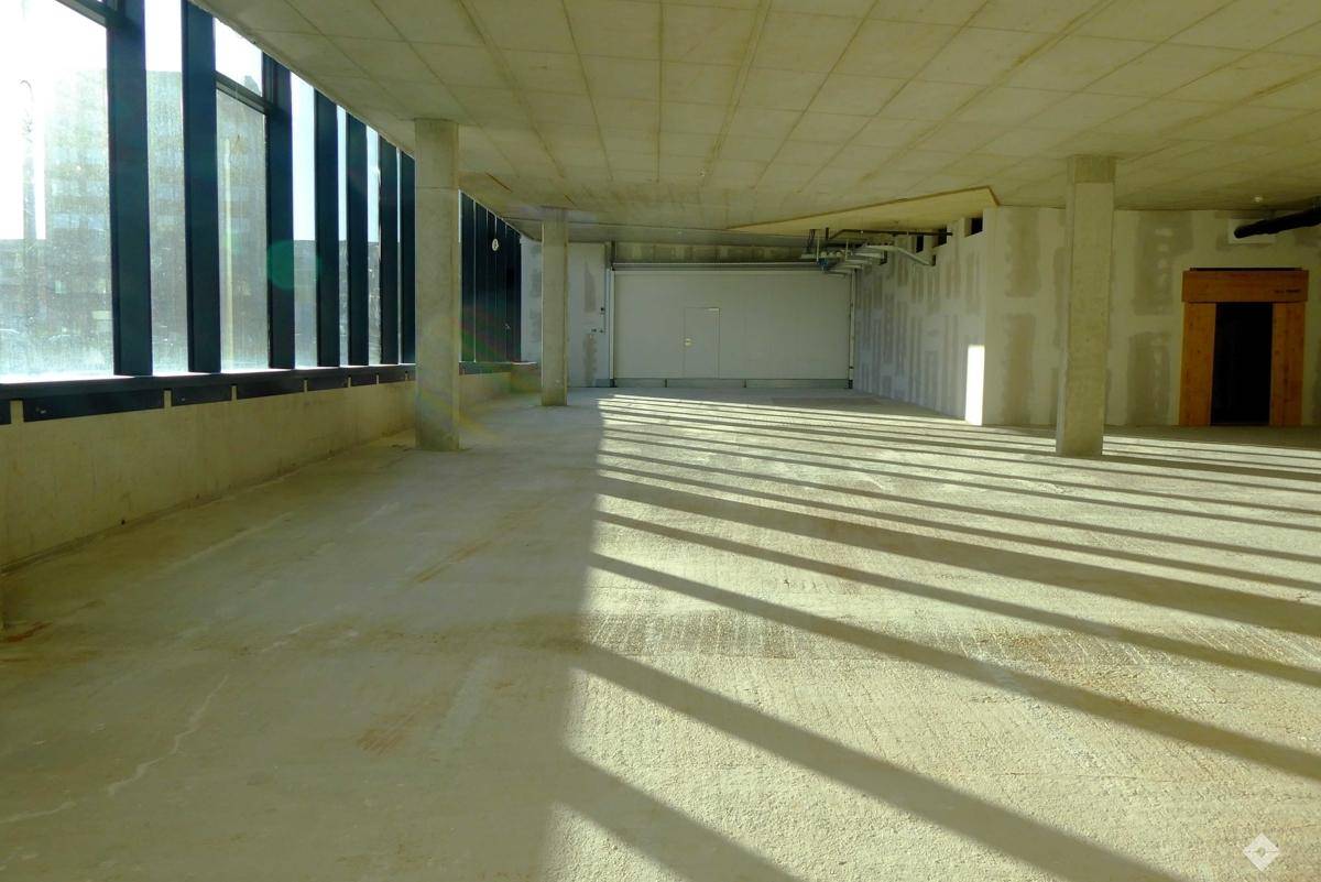 Großer, unfertiger Gewerberaum mit Betonboden, hohen Decken und großen Fenstern, die viel natürliches Licht hereinlassen.