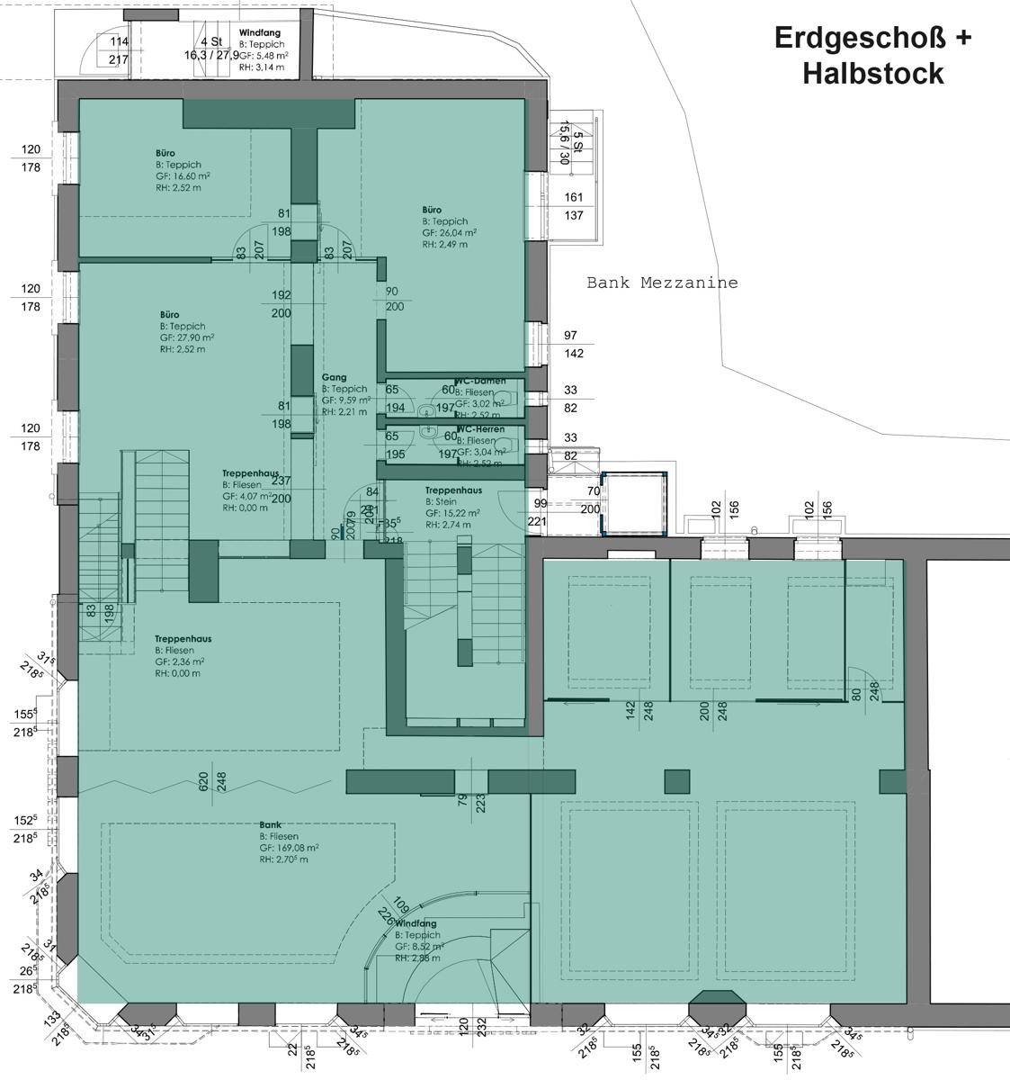 Grundriss des ersten Obergeschosses mit Büros, Besprechungsraum, Teeküche und Sanitäranlagen.