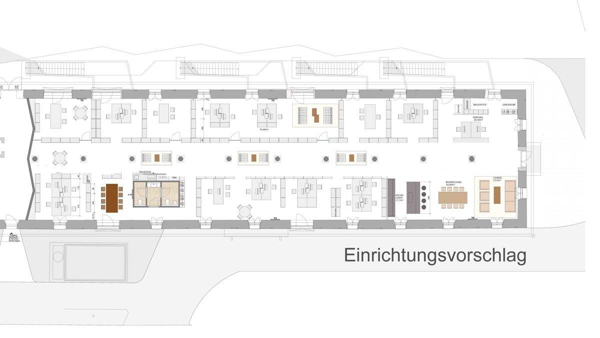 Detaillierter Einrichtungsplan für ein Bürogebäude mit verschiedenen Arbeitsbereichen und Besprechungsräumen.